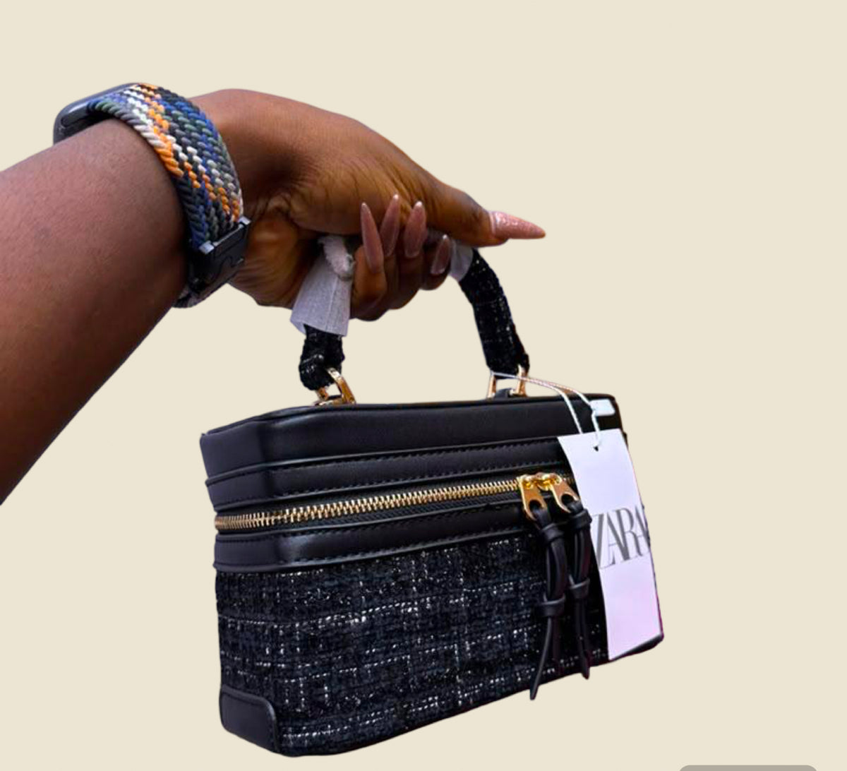 Zara Structured Top-Handle Tweed Detail Bag