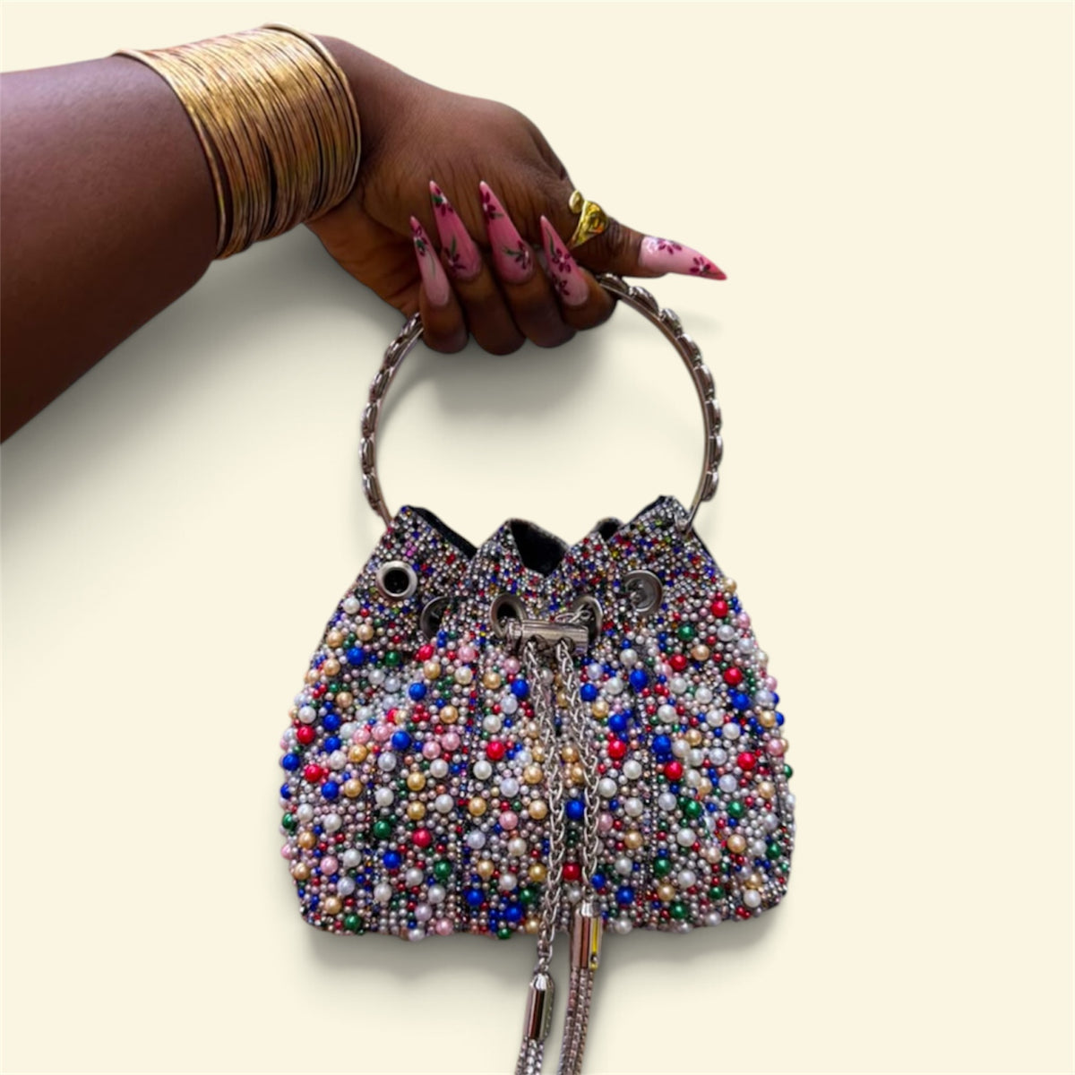 Beaded Ring-Handle Bucket Bag