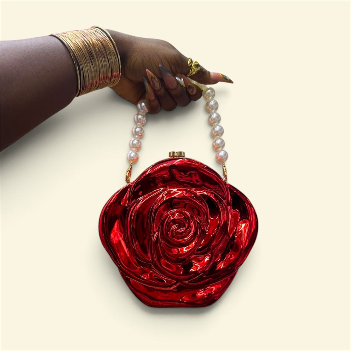 🌹 Sculpted Rose Pearl-Handle Bag