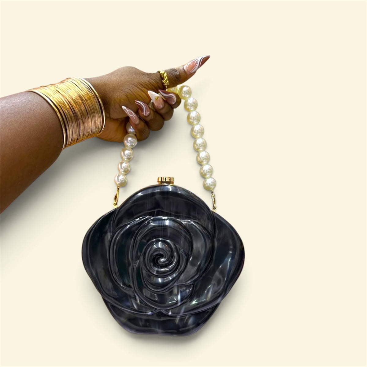 🌹 Sculpted Rose Pearl-Handle Bag