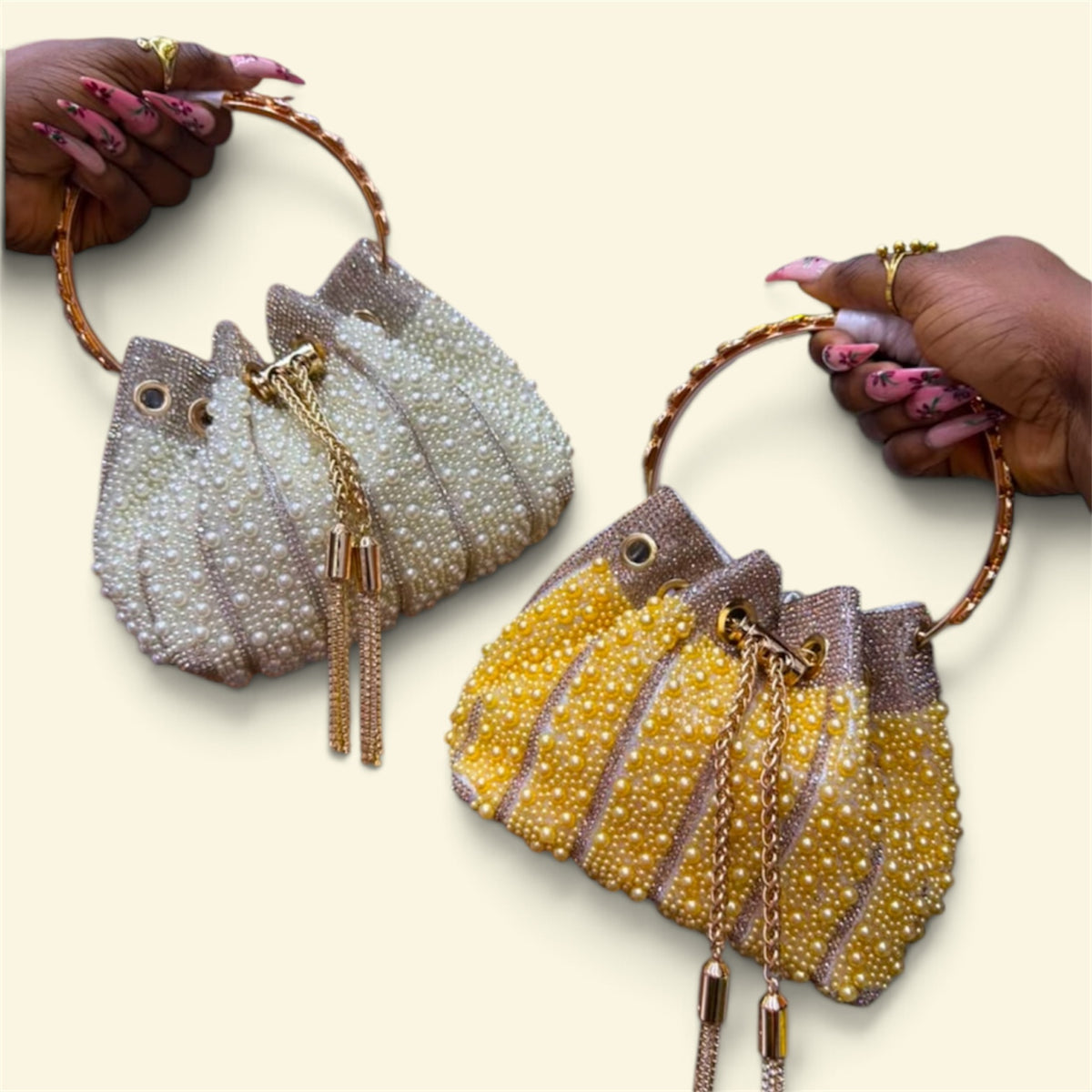 Beaded Ring-Handle Bucket Bag