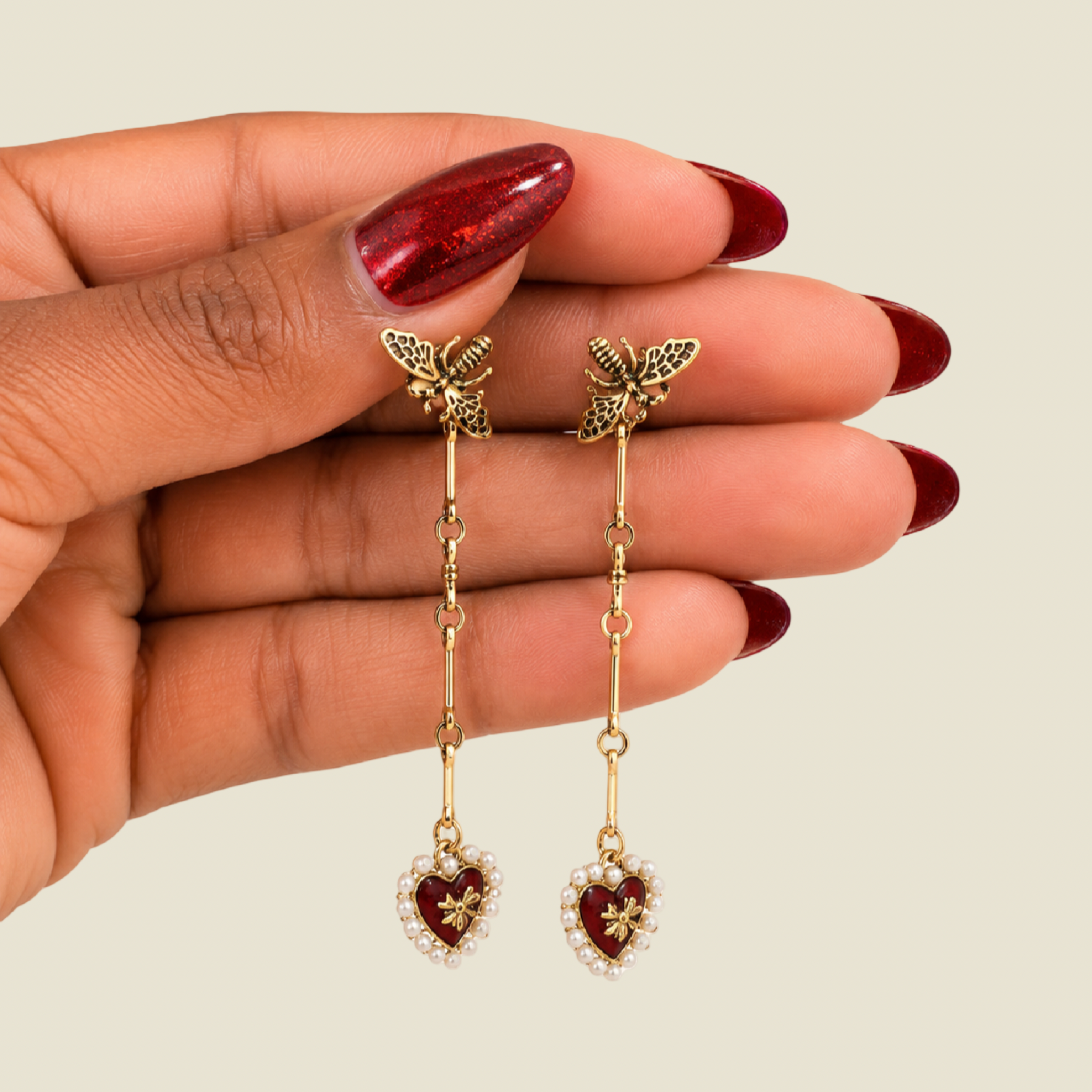 Bee & Pearl Heart Drop Earrings