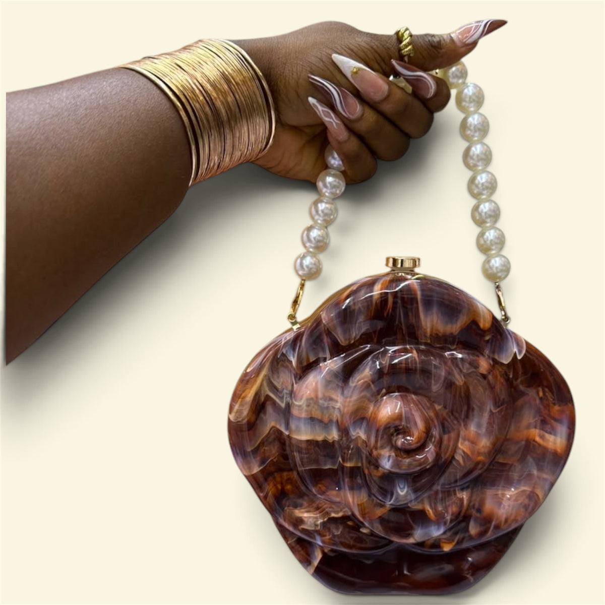 🌹 Sculpted Rose Pearl-Handle Bag