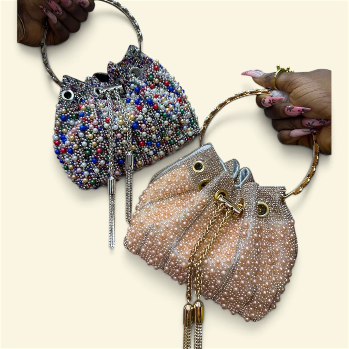 Beaded Ring-Handle Bucket Bag