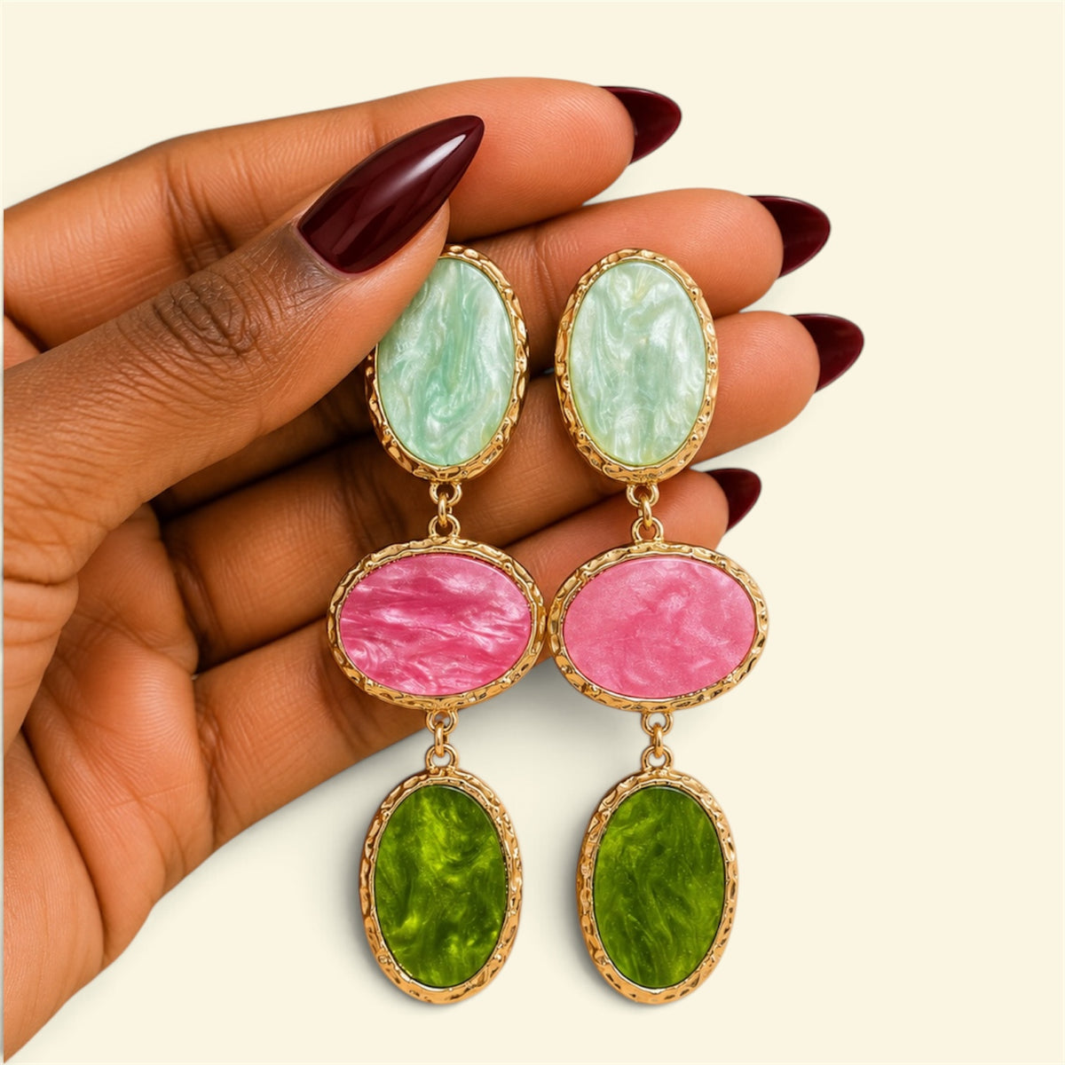 Mint, Pink & Lime Triple-Drop Statement Earrings
