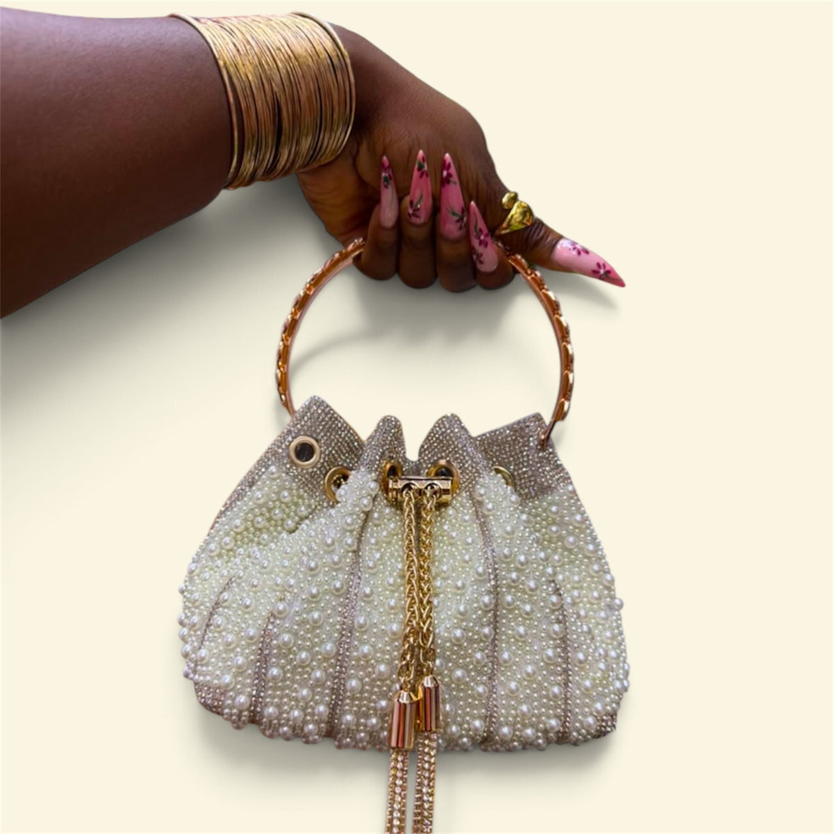 Beaded Ring-Handle Bucket Bag