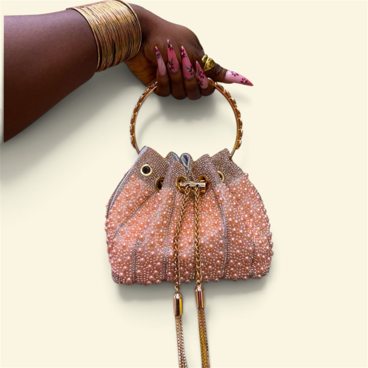 Beaded Ring-Handle Bucket Bag