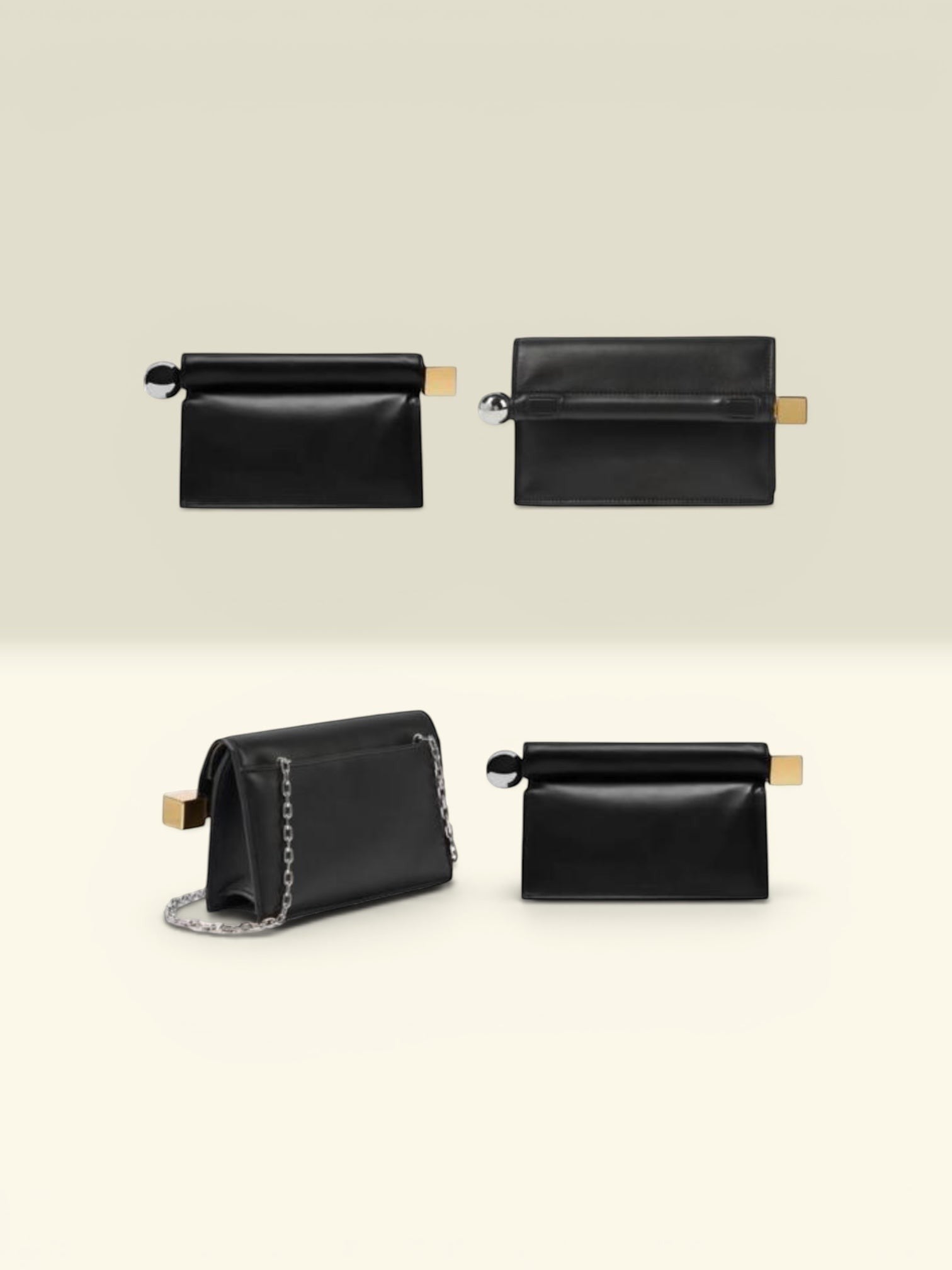 THE GOOD FIND black leather clutch with silver chain strap and metallic clasp. Versatile evening bag.