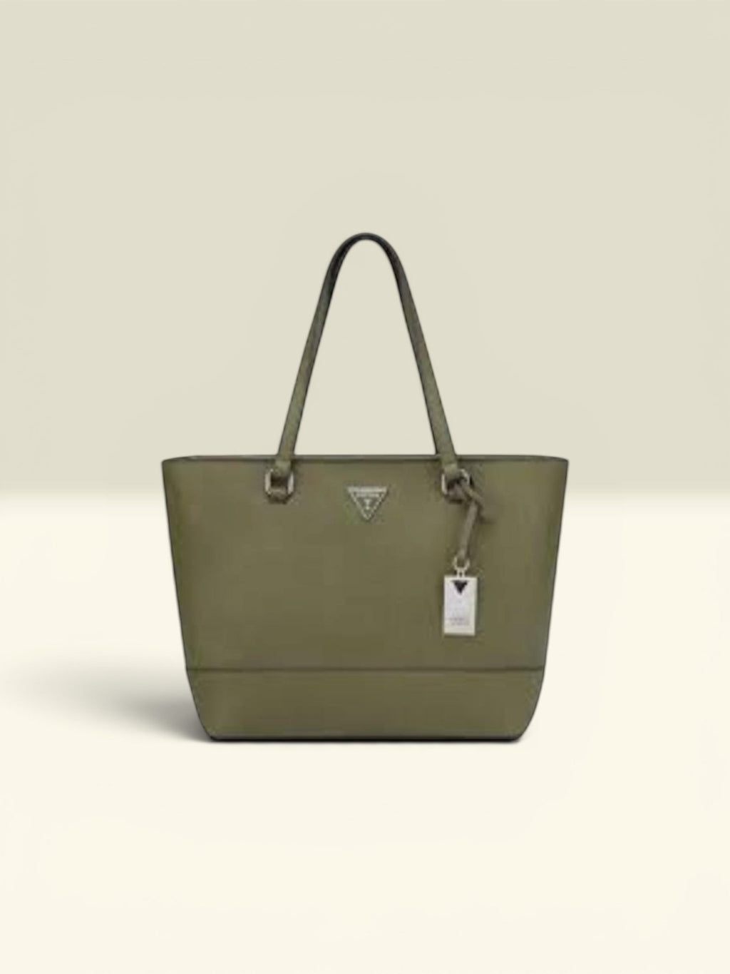 THE GOOD FIND Guess Classic Everyday Tote Bag in olive green faux leather with silver logo hardware and shoulder straps.