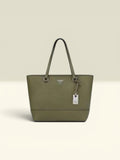 THE GOOD FIND Guess Classic Everyday Tote Bag in olive green faux leather with silver logo hardware and shoulder straps.