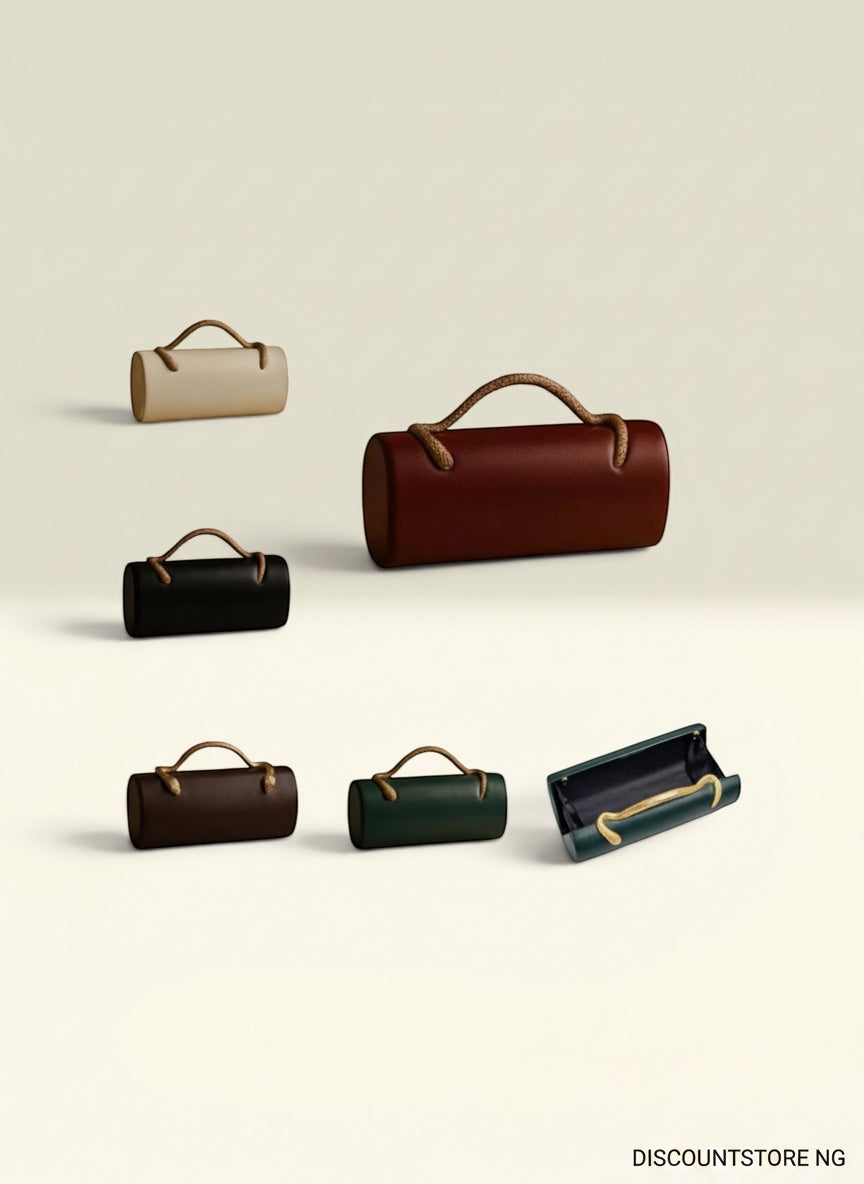 THE GOOD FIND cylindrical leather purse with rope handle in burgundy, black, beige, brown, and green.