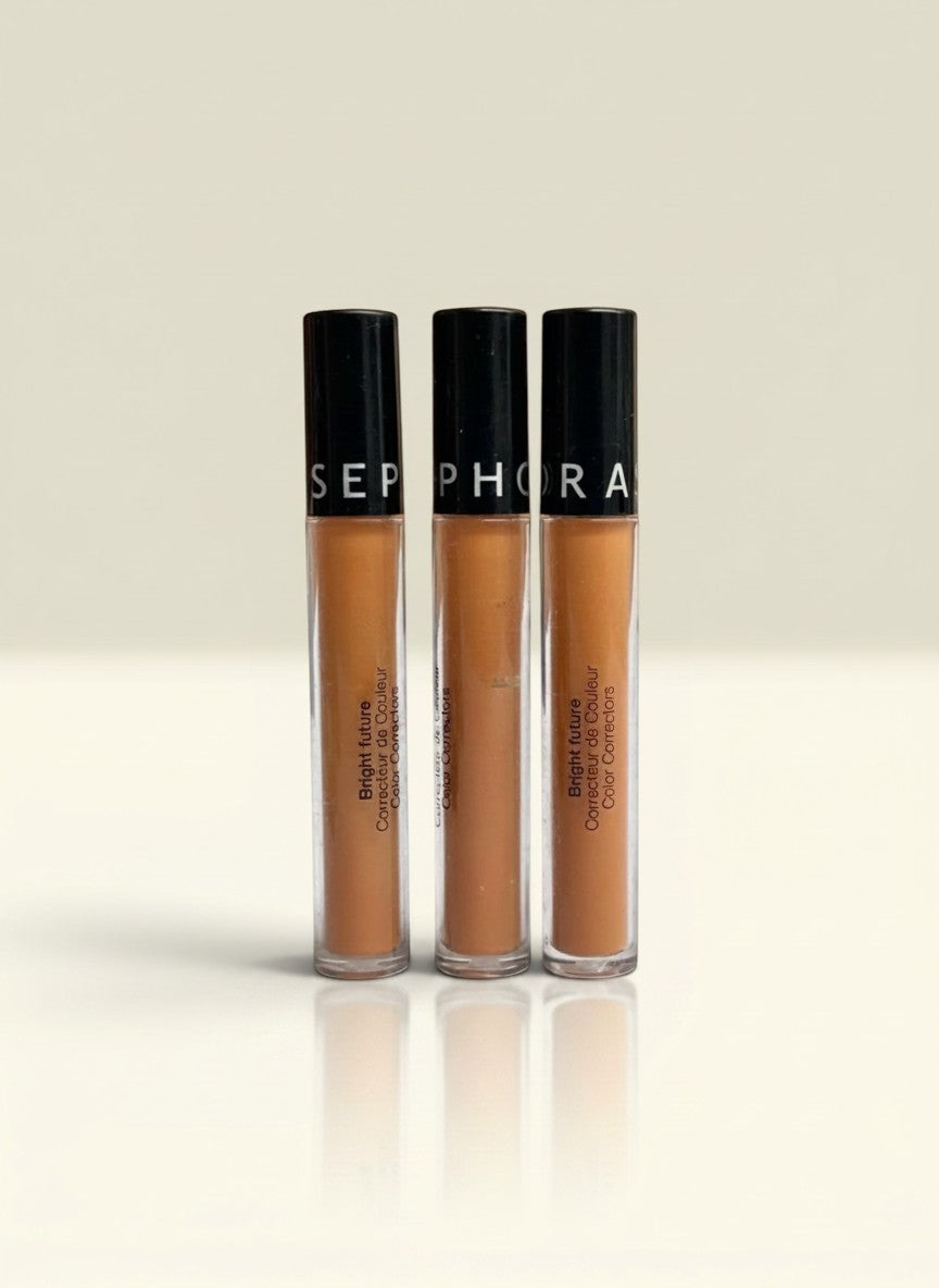 THE GOOD FIND Sephora Bright Future Color Corrector in a warm peach shade, three tubes with black caps.