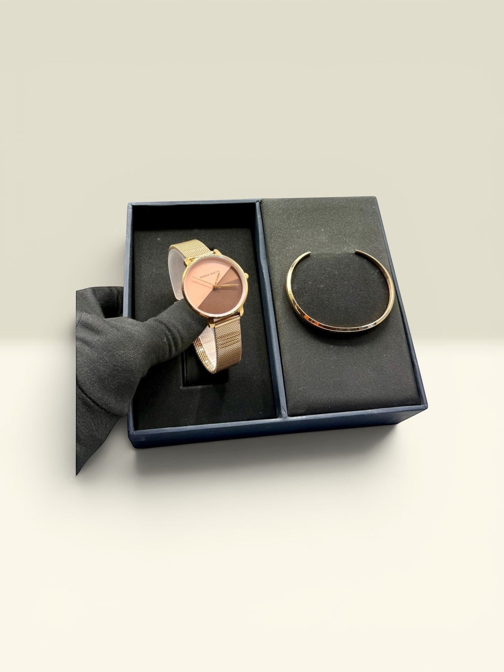 THE GOOD FIND watch and bracelet set with rose gold-tone case, two-tone dial, and mesh strap, plus a gold-tone cuff bracelet.
